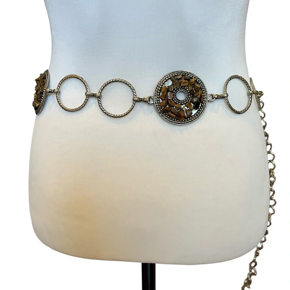 Vintage Retro Chain Belt Silver & Pebbled Mosaic Discs Statement Women’s 48”